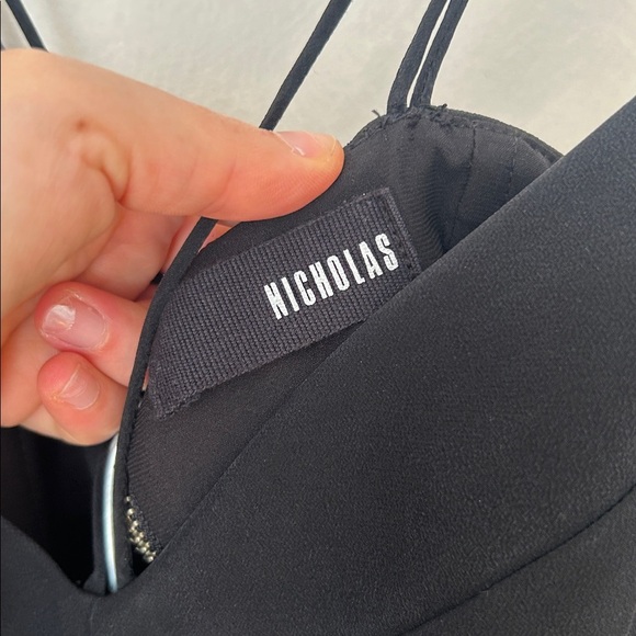 NICHOLAS Black fit & flare cocktail dress, zipper back, asymmetrical hem strappy - Picture 5 of 8